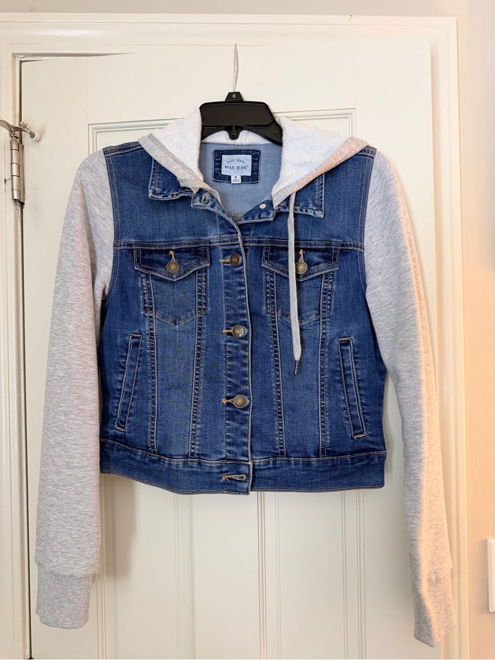Wax Jean Blue Denim Jacket with Light Gray Hoodie